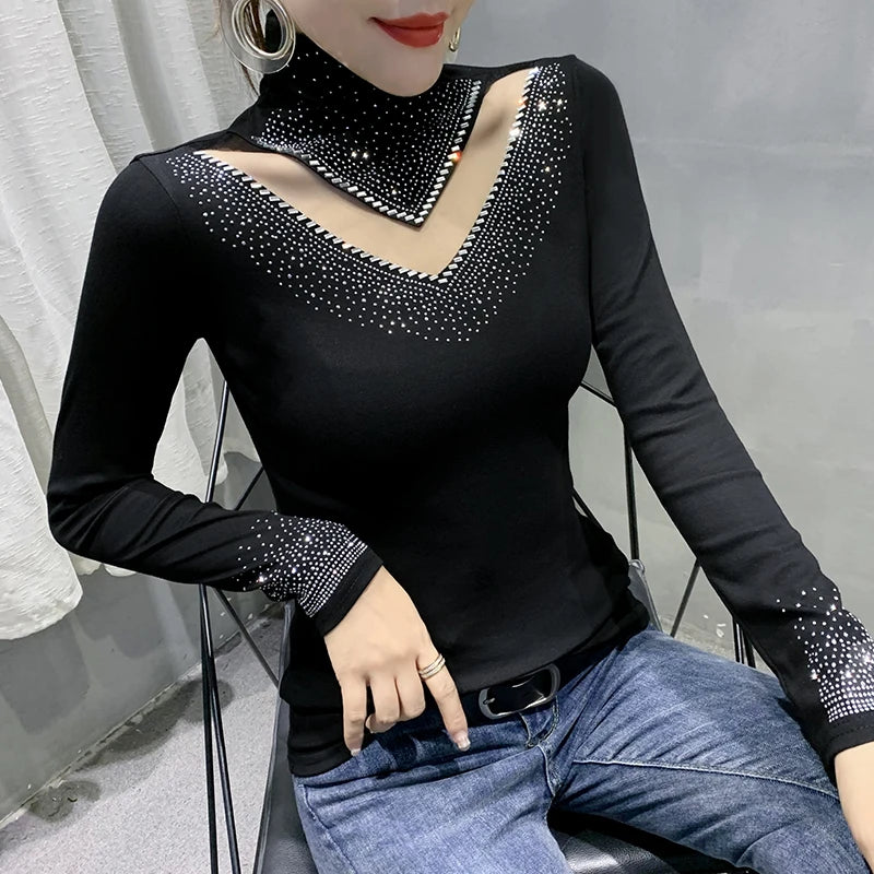 New 2025 Spring Autumn Long Sleeve T-Shirt Fashion Casual Turtleneck Diamond Woman Tee Elegant Slim Women's Tops Blusas